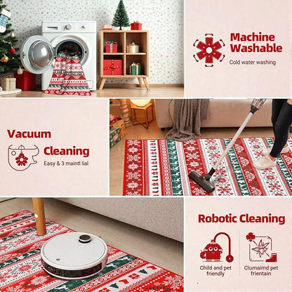 Area Rugs for Bedroom, 5x7 Ft Indoor Washable Rugs for Entryway Snowflake Print Living Room Carpet, Farmhouse Welcome Front Door Mat Non Slip Carpet for Entrance Porch Bath Kitchen, Green/Red
