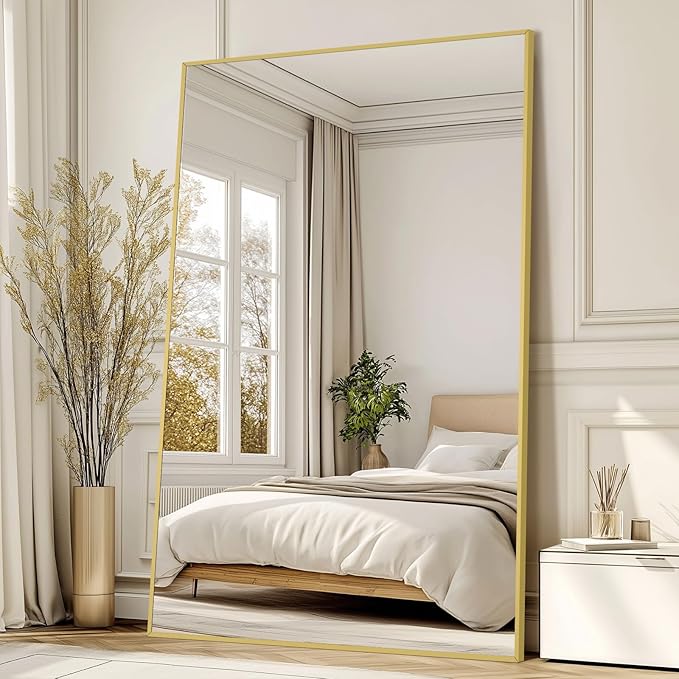 Oversized Standing Mirror Full Length, 72"X44" Extra Large Gold Floor Mirror with Stand, Hanging or Wall Mounted, Full Body Mirror for Gym Bedroom Living Room Clothing Store, Tempered Glass