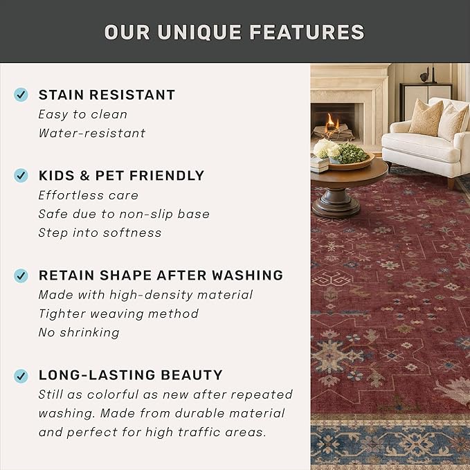 Large Burgundy 3x12 Long Runner Rug for Hallway - Washable Kitchen Rug, Low Pile Thin Carpet for Bedroom Bedside, Foyer, Non Slip Unique Bohemian Red Décor