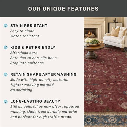Washable 3x4 Rugs for Entryway - Burgundy Large Kitchen Rug, Non Slip Inside Door Mats for Home Entrance, Unique Bohemian Red Low Pile Thin Carpet for Bedroom Bedside, Foyer