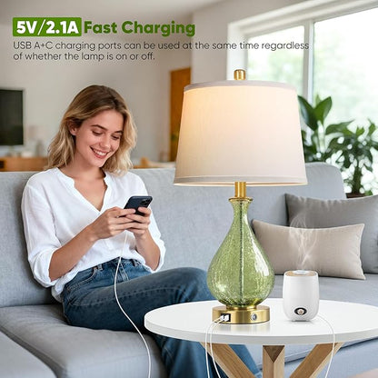 QiMH Green Glass Table Lamps for Living Room, Bedside Lamps Set of 2 with USB A+C Charging Ports, 3 Way Dimmable Touch Lamps for Nightstand, 22.5" Modern Table Lamp for Bedroom, Gold(Bulb Included)