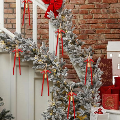 Suncalla 6 Pcs Rustic Gold Bells with 6 Pcs Red Velvet Bows Mini Handmade Hanging Ornament Decorative Antique Bells Velvet Bows for Xmas Tree Crafts Door Wreath Decoration DIY Party Supplies