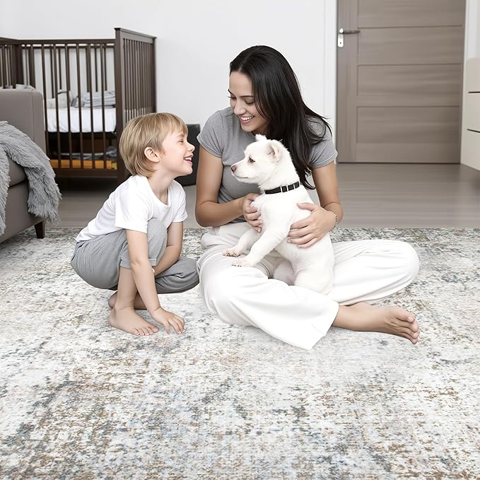 4x4 Area Rug Living Room Rug: Washable Modern Abstract Soft Thin Rug Indoor Floor No Slip Stain Resistant Carpet for Bedroom Dining Room Farmhouse Nursery Home Office - Brown Grey