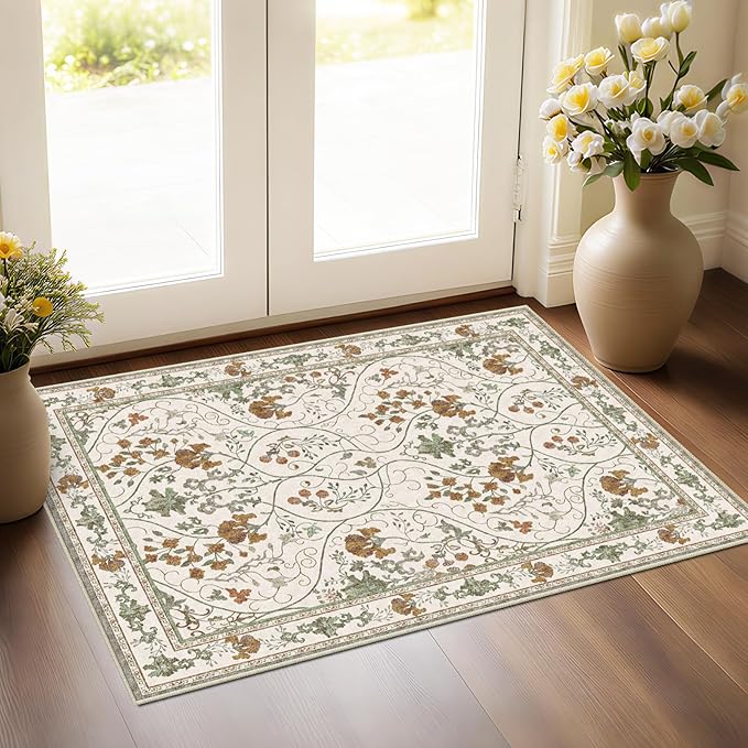 Floral 2x3 Washable Vintage Entryway Rug Non Slip Low Pile Small Rugs, Front Door Rugs for Entrance Kitchen Bedroom Laundry Bathroom,Beige White
