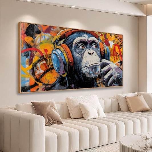 Sorbrozo Funky DJ Gorilla Street Art Print - Vibrant Graffiti Canvas Wall Art with Headphones Music Themed Decor for Boys Bedroom, Man Cave Urban Home & Office 24x48 in