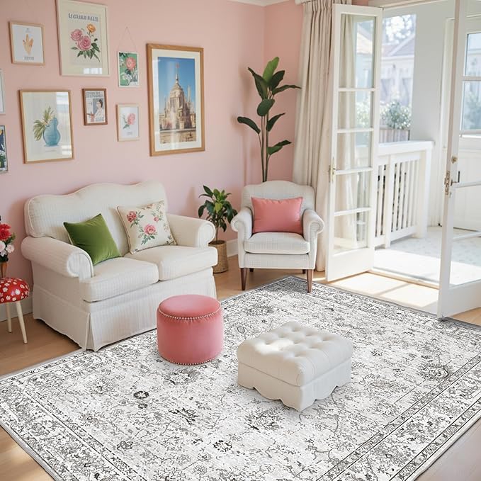 Area Rug 4x6 Grey Rug, Washable Boho Rugs Non Slip Low Pile Floral Small Carpet for Bedroom, Bedside, Kids Room, Office, Dining Room