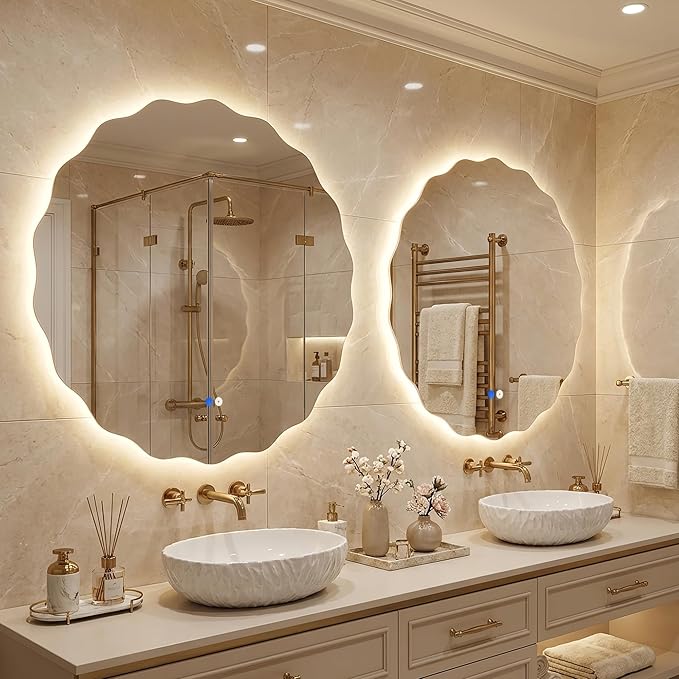 Dorlicecass Round Led Bathroom Mirror- 24" Wavy Vanity Mirror with Lights IP54 Enhanced Anti-Fog,Single Piece 3 Colors Dimmable, Memory,Tempered Glass,UL Listed