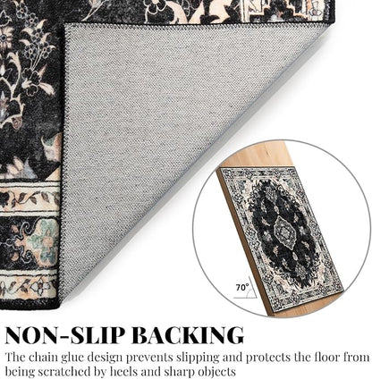 MUJOO Black Rug 8'x10' Area Rugs for Living Room Bedroom Dining Room,Large Washable Boho Bohemian Vintage Distressed Farmhouse Non Slip Carpet, Floral Flowers