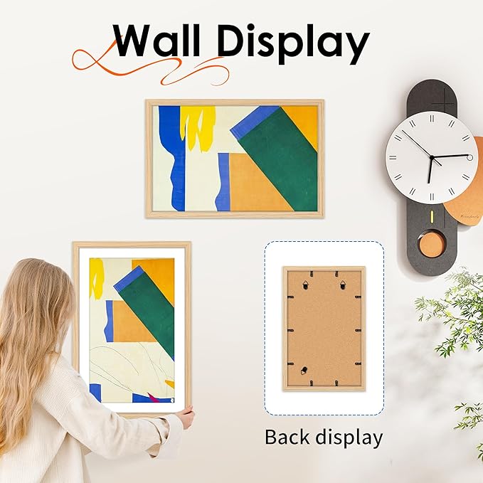 FIXSMITH 11x17 Picture Frame Natural Set of 2, Photo Frame with HD Plexiglass, Display Pictures 9x15 with Mat or 11x17 Without Mat, Natural Picture Frames Collage Wall Decor, Gallary Wall Frame