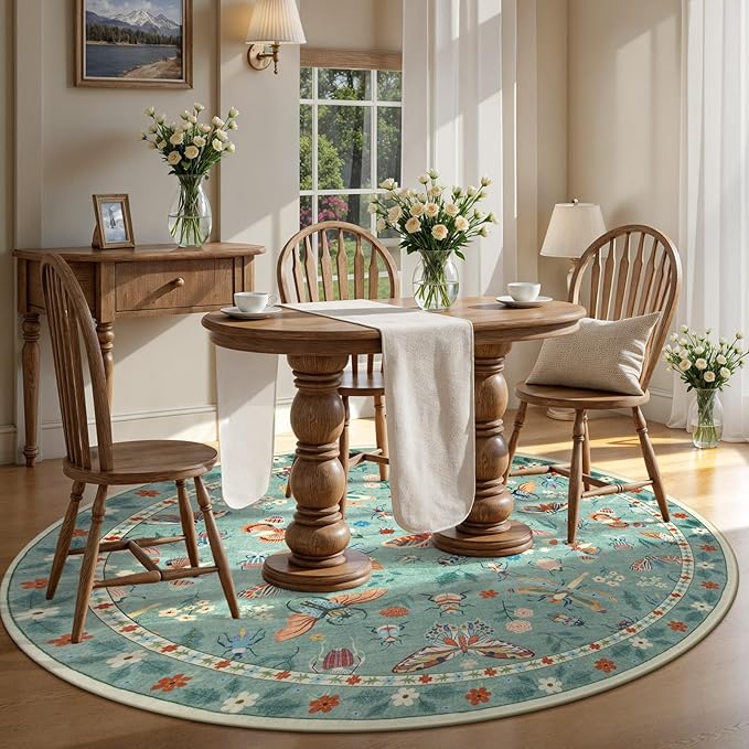 Lahome Insect Washable Round Area Rug, Soft Round Rugs 6ft Ultra-Thin Non-Slip, Boho Large Circle Carpet for Bedroom Living Room Kitchen Nursery Vionnet, Green