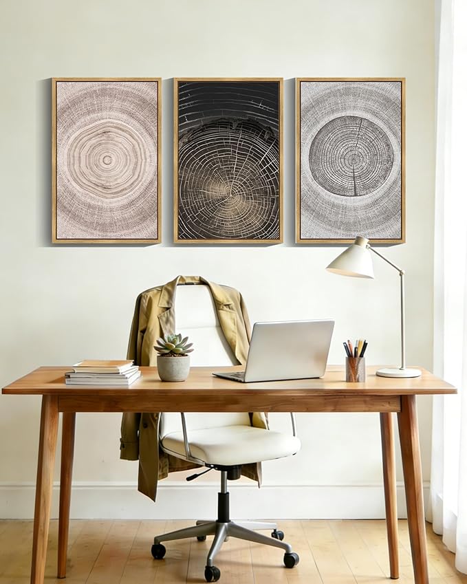 PHOPAGO Vintage Wood Tree Rings Wall Art 16x24in Farmhouse Rustic Framed Canvas Paintings Living Room Bedroom Decor Nature Artwork Natural Framed