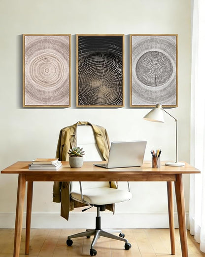 PHOPAGO Vintage Wood Tree Rings Wall Art 16x24in Farmhouse Rustic Framed Canvas Paintings Living Room Bedroom Decor Nature Artwork Natural Framed