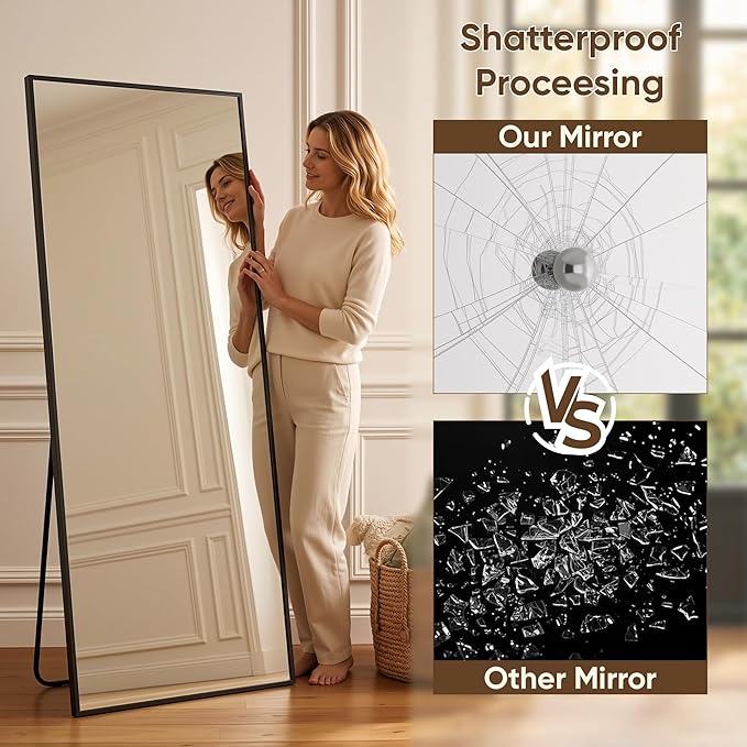 Antok 81''x41'' Full Length Mirror, Shatterproof HD Oversized Floor Mirror with Stand, Aluminum Alloy Frame Leaning Standing or Wall Mounted Mirror for Bedroom Living Room Entryway, Black