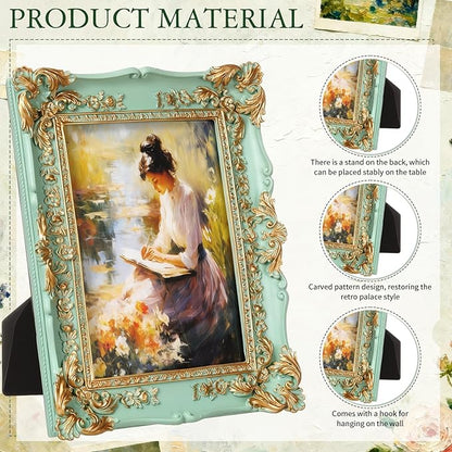 Geetery 4 Pcs Vintage Picture Frames Set, Mint Green Ornate Baroque Frames for Gallery Wall, Antique Victorian Decorative Photo Frame for Tabletop or Wall Display, Shabby Cottagecore Home Decor