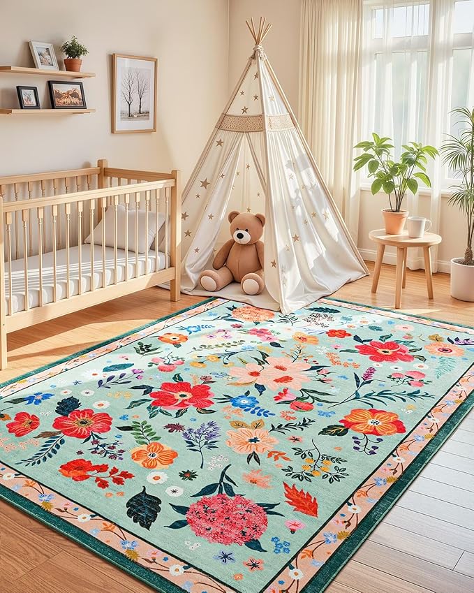 Macgace 5x7 Floral Rug for Girls Bedroom, Machine Washable Area Rugs with Non Slip Backingfor Living Room, Cute Flowers Carpet Kitchen Dining Room Kids Playroom Decor, Light Green