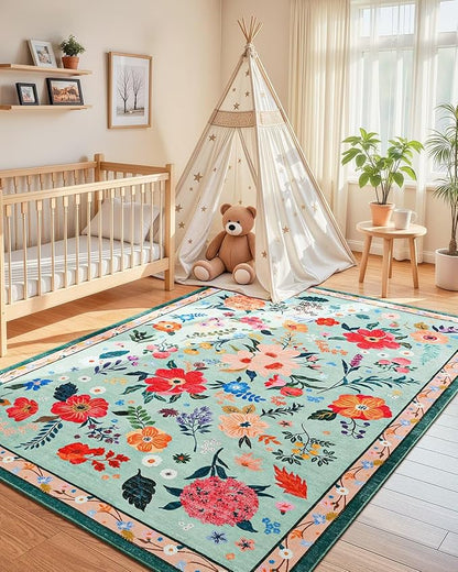 Macgace 5x7 Floral Rug for Girls Bedroom, Machine Washable Area Rugs with Non Slip Backingfor Living Room, Cute Flowers Carpet Kitchen Dining Room Kids Playroom Decor, Light Green