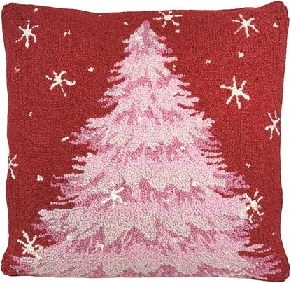 Hand Hooked Christmas Pillow - 18X18 inches Throw Pillow for Couch or Dorm (Pink Tree)