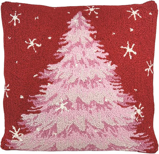 Hand Hooked Christmas Pillow - 18X18 inches Throw Pillow for Couch or Dorm (Pink Tree)