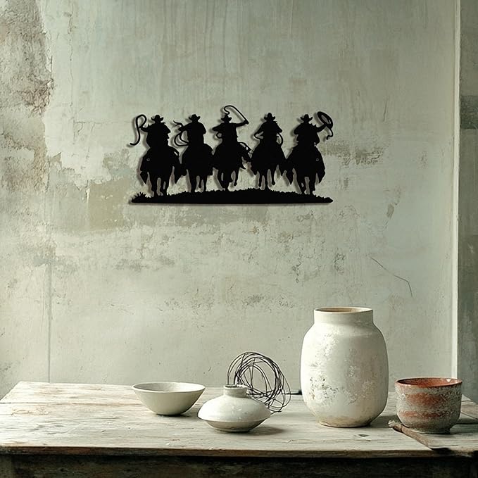 LIYAOLI 3D Vintage Western Wall Decor,Black Metal Cowboy Wall Art Hanging Riding Rustic Cowboys Party Decorations Farmhouse Home Decor,Metal Wall Sculptures for Living Room,Bedroom