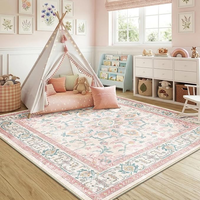 CAPALOCA Machine Washable Rugs Nursery Rug Sq6ft Cute Girl Non Slip Low Pile Water Repellent Soft Print Pattern for Bedroom Indoor Decor Kids Playroom Pink Teal