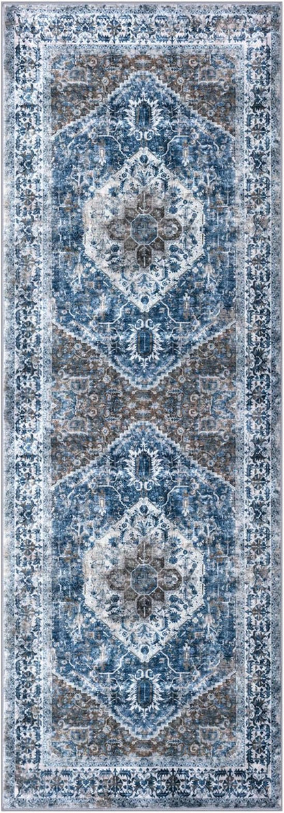 KOZYFLY Runners for Hallways 2x5 Ft Washable Kitchen Runner Rug Boho Runner Rug for Entryway Indoor Blue Printed Oriental Faux Wool Floor Carpet Runner for Laundry Room Kitchen Hall
