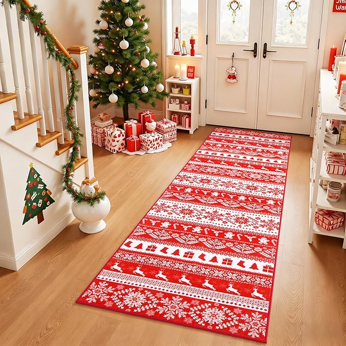 2x6 Hallway Runner Rug, Washable Non Slip Snowflake Print Design, Entryway Vintage Soft Kitchen Laundry Runner Rugs, Indoor Farmhouse Home Decor Carpet for Living Room Bedroom Dining Room, Red