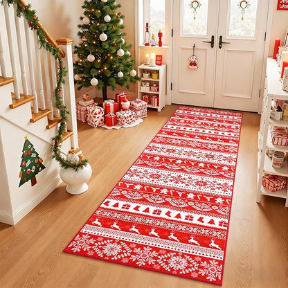 2x6 Hallway Runner Rug, Washable Non Slip Snowflake Print Design, Entryway Vintage Soft Kitchen Laundry Runner Rugs, Indoor Farmhouse Home Decor Carpet for Living Room Bedroom Dining Room, Red