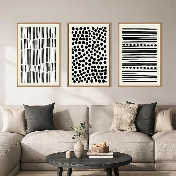 KAIRNE Abstract Black and White Framed Canvas Wall Art Set, Modern Geometric Wall Decor, Minimalist Line Art Prints, Neutral Boho Dots Artwork for Living Room, Bedroom, Farmhouse, Office -16"x24"x3