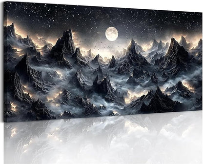 SERIMINO Large Wall Art for Living Room, Mountain Landscape Wall Decor, Fantasy Abstract Art Prints, Moonlit Night Black Canvas Painting, Cool Modern Pictures Home Decor for Bedroom 29"X57"