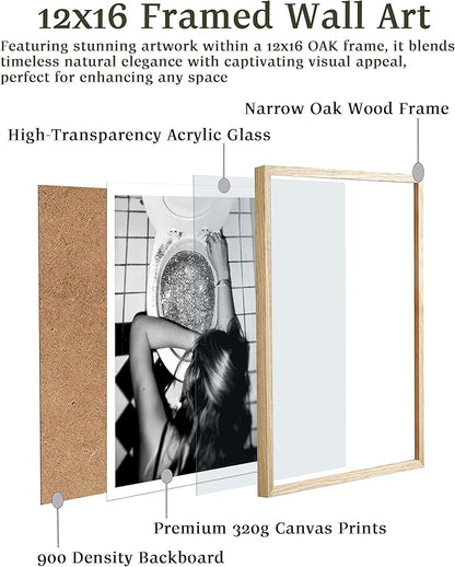 EcoHest Trendy After the Disco Party Framed Wall Art, 12x16 in OAK Wood Black and White Funny Bathroom Canvas Art, Teen Girl Poster College Dorm Decor, Set of 1 for Bedroom Living Room