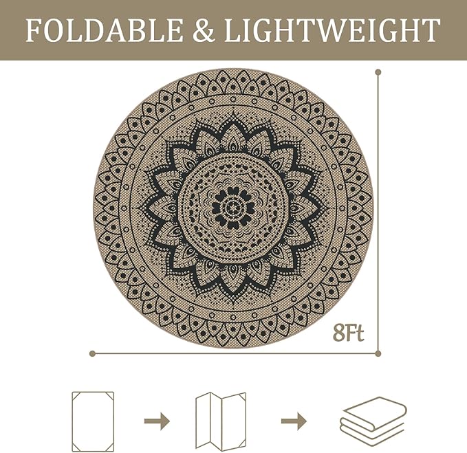 Easy Jute Outdoor Round Rug, 8ft Washable Indoor Outdoor Patio Rug, Black Non Slip Round Area Rug Farmhouse, Boho Carpet for Backyard Patio