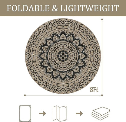 Easy Jute Outdoor Round Rug, 8ft Washable Indoor Outdoor Patio Rug, Black Non Slip Round Area Rug Farmhouse, Boho Carpet for Backyard Patio