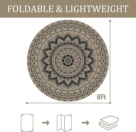 Easy Jute Outdoor Round Rug, 8ft Washable Indoor Outdoor Patio Rug, Black Non Slip Round Area Rug Farmhouse, Boho Carpet for Backyard Patio