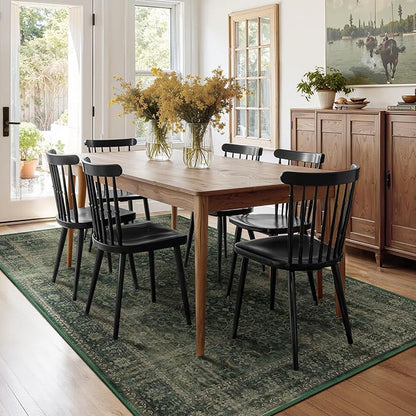Dark Green Area Rugs 5x7 for Living Room, Vintage Moody Room Rug for Bedroom, Washable Non Slip Low Pile Carpet Rugs for Dining Room/Home Office, Earth Tone Jungle Green with Brown Accents