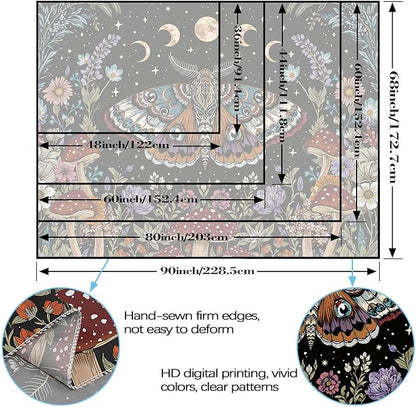 Neasow Hippie Witchy Moth Tapestry, Moon Mushroom Aesthetic Floral Wall Art, Mystic Moon Phase Decor for Living Room Bedroom Home, 36x48 inches