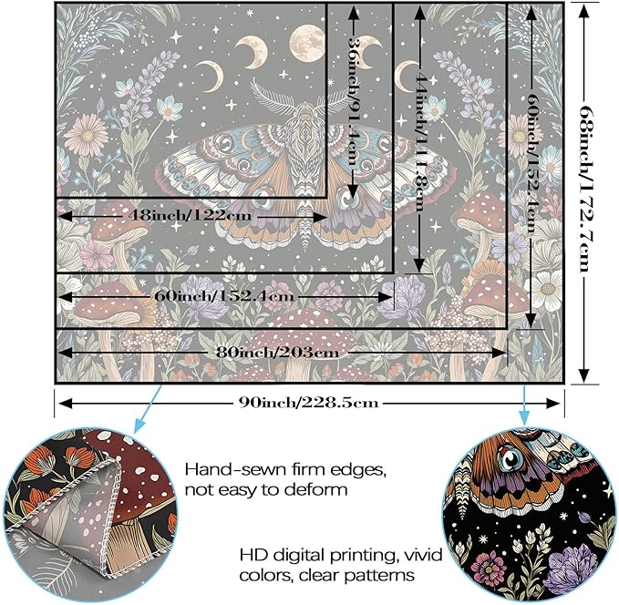 Neasow Hippie Witchy Moth Tapestry, Moon Mushroom Aesthetic Floral Wall Art, Mystic Moon Phase Decor for Living Room Bedroom Home, 44x60 inches