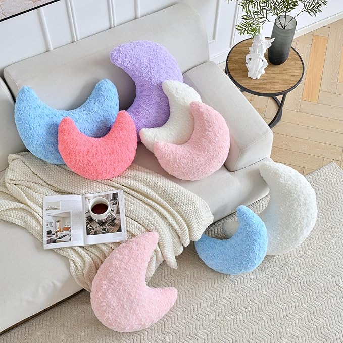 Moon Pillow, Decorative Throw Pillow with Soft Faux Fur for Couch Bed Sofa, Cute Half Moon Pillows with Room Decor for Bedroom Living Room (19 Inches, Pink)