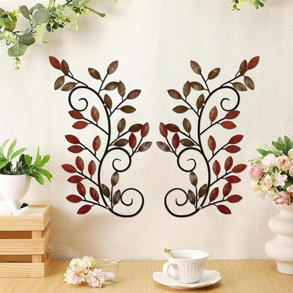 ESTART 2 Pieces Metal Tree Leaf Wall Decor Vine Olive Branch Leaf Wall Art Wrought Iron Scroll Wall Hanging for Above Door, Living Room, Office, Hallway, Indoor and Outdoor Decoration (Retro Red)