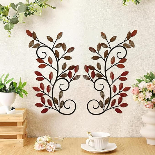 ESTART 2 Pieces Metal Tree Leaf Wall Decor Vine Olive Branch Leaf Wall Art Wrought Iron Scroll Wall Hanging for Above Door, Living Room, Office, Hallway, Indoor and Outdoor Decoration (Retro Red)