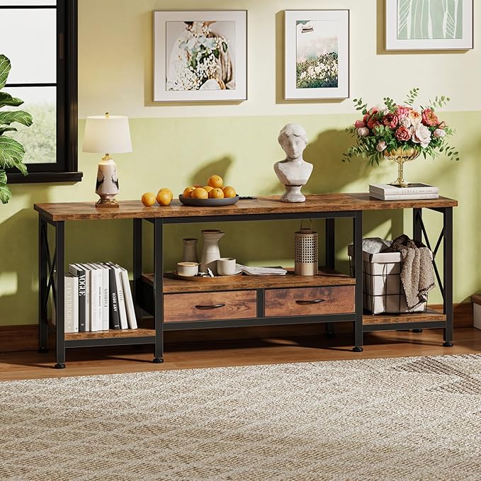 DUMOS 63” TV Stand with Power Outlets, Entertainment Center for TVs Up to 75 Inches, Industrial Media Console with Fabric Drawers and Open Shelves, Rustic Brown TV Table for Living Room, Bedroom