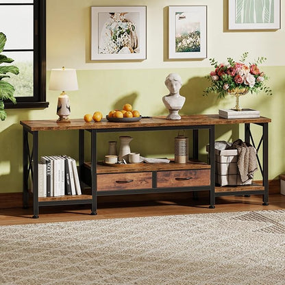 DUMOS 63” TV Stand with Power Outlets, Entertainment Center for TVs Up to 75 Inches, Industrial Media Console with Fabric Drawers and Open Shelves, Rustic Brown TV Table for Living Room, Bedroom