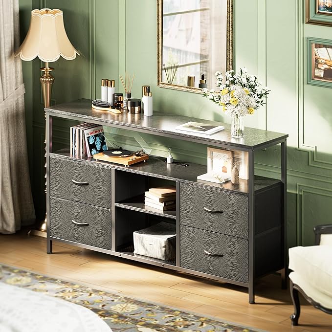 Huuger 47 Inch TV Stand Dresser with Power Outlets and LED Lights, Fabric Dresser for Bedroom with Storage, 4 Drawers Entertainment Center with Open Shelf, Media Console for 55 50 Inch TV, Black