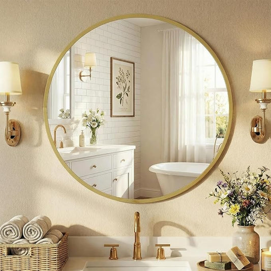 NEWBULIG 24 Inch Round Wall Mirror, Bathroom Mirror for Over Sink, Matte Metal Framed Circle Vanity Mirror, Wall Decor for Bedroom, Entryway, Anti-Rust, Tempered Glass, Hanging or Leaning, Gold
