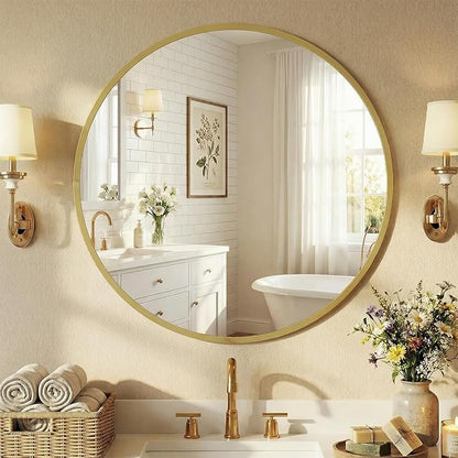 NEWBULIG 24 Inch Round Wall Mirror, Bathroom Mirror for Over Sink, Matte Metal Framed Circle Vanity Mirror, Wall Decor for Bedroom, Anti-Rust, Tempered Glass, Hanging or Leaning, Classic Gold