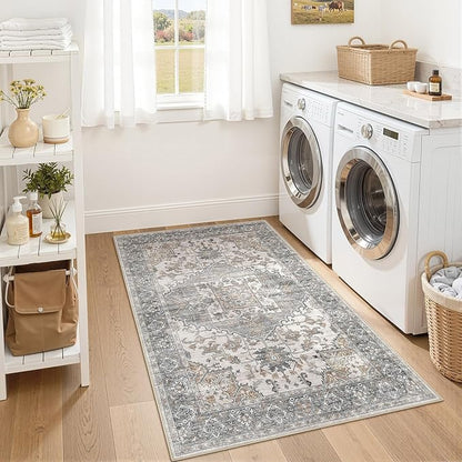 3x5 Washable Area Rugs for Living Room: Non Slip Vintage Gray Brown Rug, Large Soft Stain Resistant Indoor Floor Carpets for Bedroom Dining Room Nursery Home Office Kid & Pet Friendly