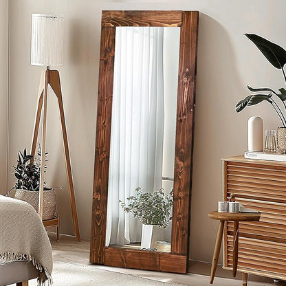 Full Length Mirror 58"x24" – Solid Wood Frame, HD Tempered Glass, Wall Mounted & Leaning, Rustic Modern Decor for Bedroom, Living Room, Entryway, Brown
