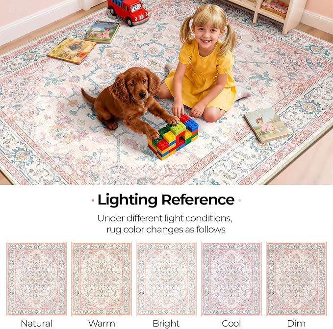 CAPALOCA Machine Washable Rugs Nursery Rug 5x8 Cute Girl Non Slip Low Pile Water Repellent Soft Print Pattern for Bedroom Indoor Decor Kids Playroom Pink Teal
