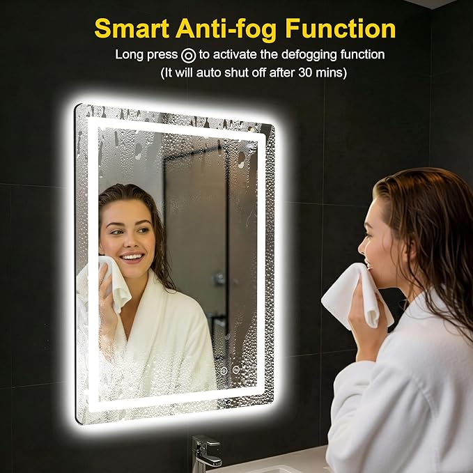 LED Bathroom Mirror with Lights - Anti-Fog, Dimmable, Backlit+Frontlit, 3 Color Light - 24"x32" Lighted Vanity Mirrors for Wall, Shatterproof Tempered Glass, Memory Function