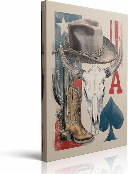 Texas Western Cowboy Canvas Wall Art Framed Vintage Poster Illustration with Cowboy Hat Steer Skull Boots Cactus Desert Wall Decor Artwork Print for Rustic Farmhouse Home Bar 12x16 Inches