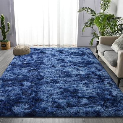 Deerhoo Large Shag Area Rugs 6 x 9, Plush Fuzzy Rugs for Living Room, Ultra Soft Fluffy Furry Rug for Bedroom, Indoor Carpet Nursery Rugs for Kids Room Home Decor, Tie-Dyed Navy Blue